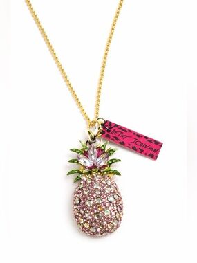 Betsey Johnson Pineapple Crystal Pendant Necklace 26” Gold Tone Statement